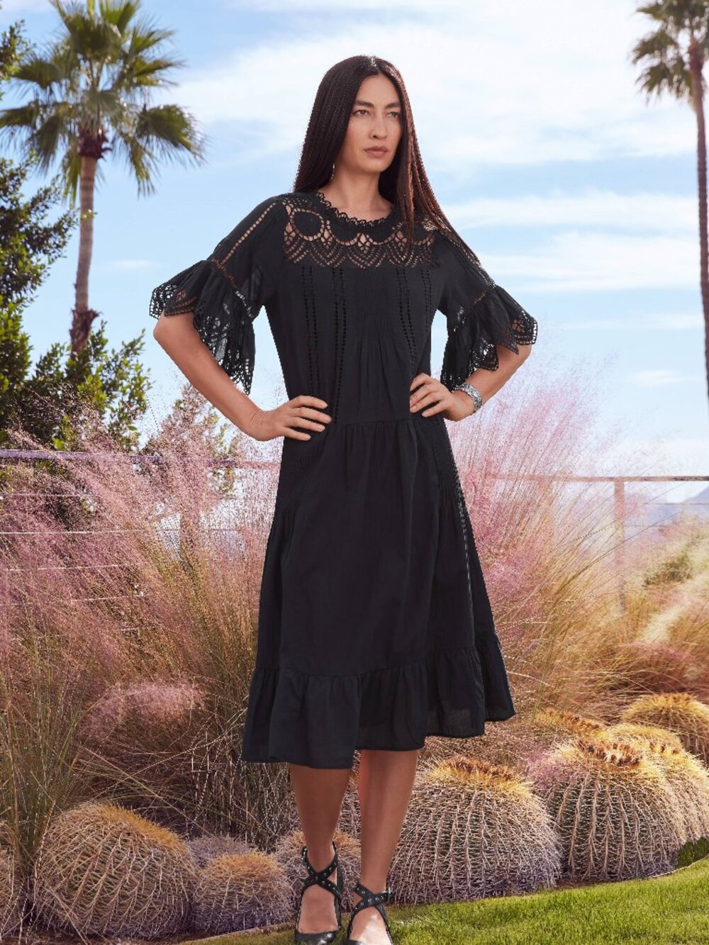 Johnny Was Jade Karolina Midi Dress S Ladder-Stitch Embroidered Cotton, Shirred